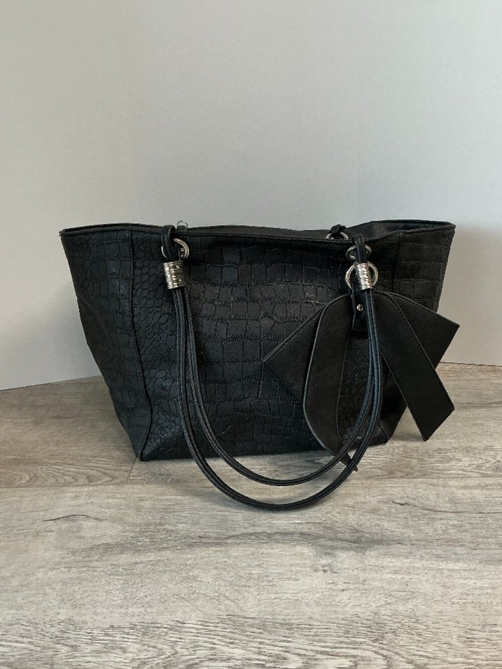 Black Faux Leather Reptile Embossed Tote Bag Bow Shoulder Purse Work Office